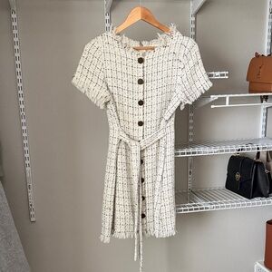 Cream Tweed Button-Front Belted Mini Dress